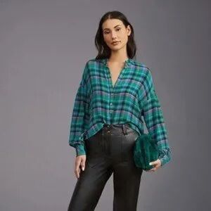 Anthropologie Pilcro Cropped Puff-Sleeve Blouse Plaid Green size Small